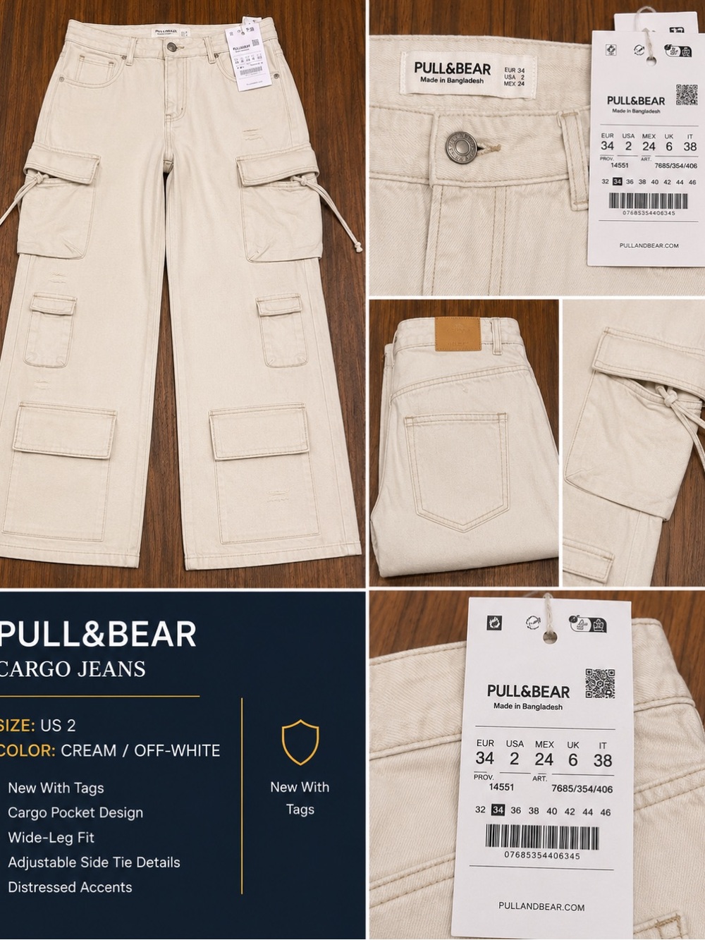 PULL&BEAR Cream Wide-Leg Cargo Jeans with Utility Pockets